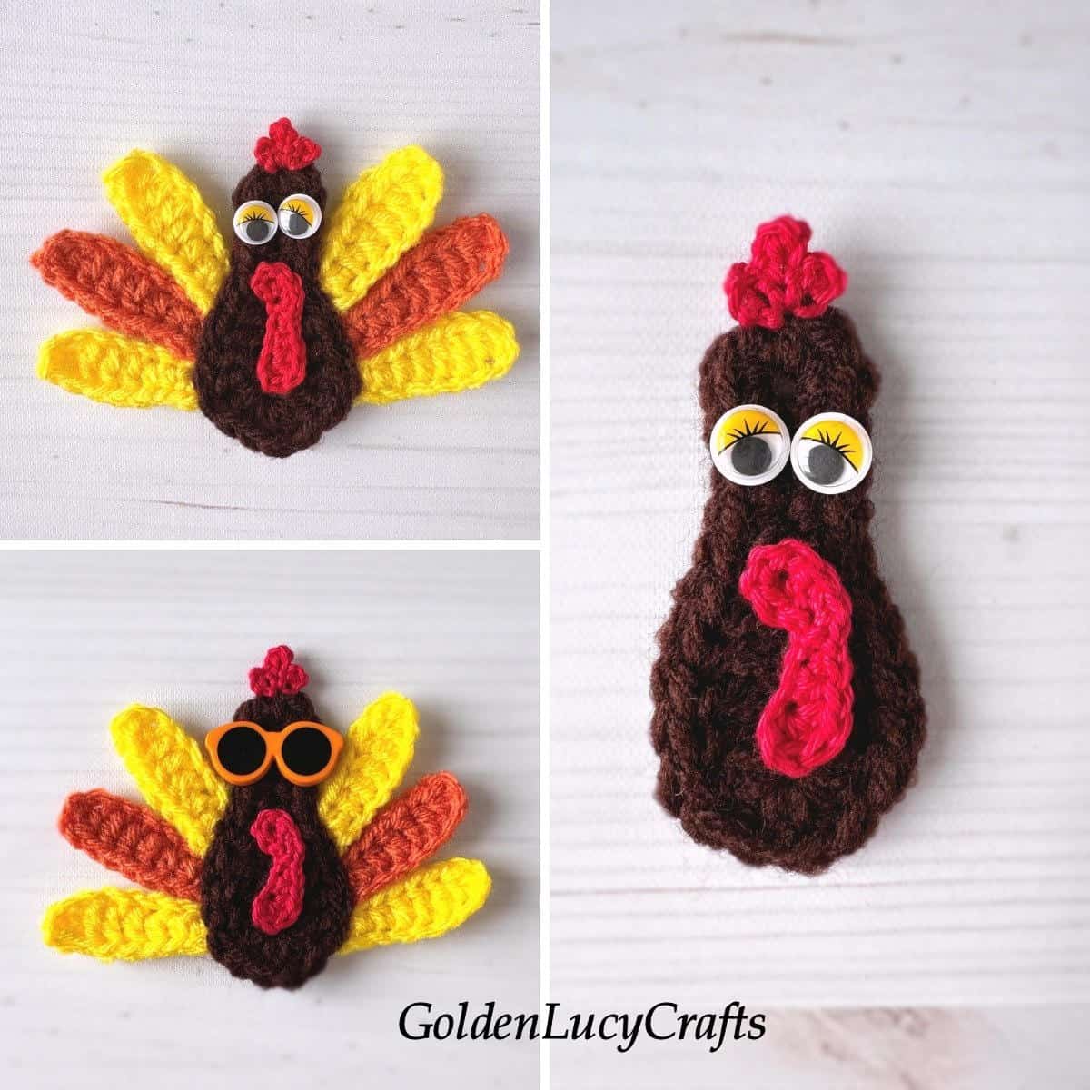 Three crocheted turkey appliques.