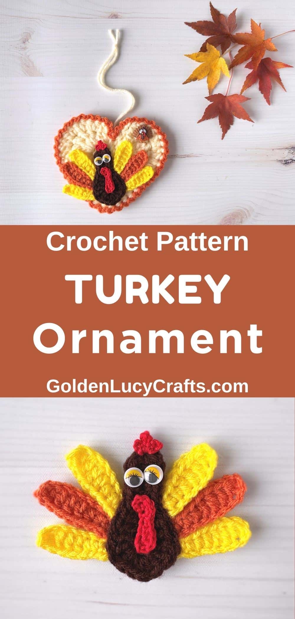 Crochet heart ornament featuring Thanksgiving turkey.
