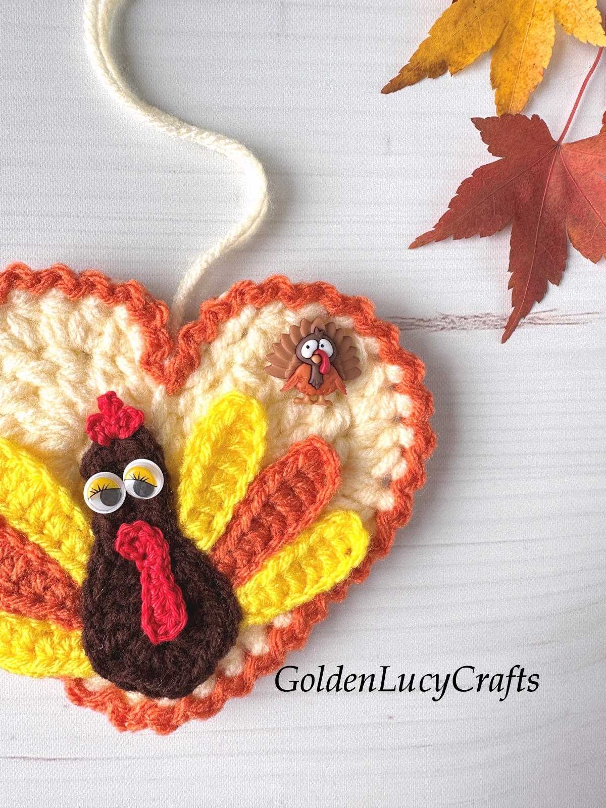 Crochet turkey ornament close up picture.