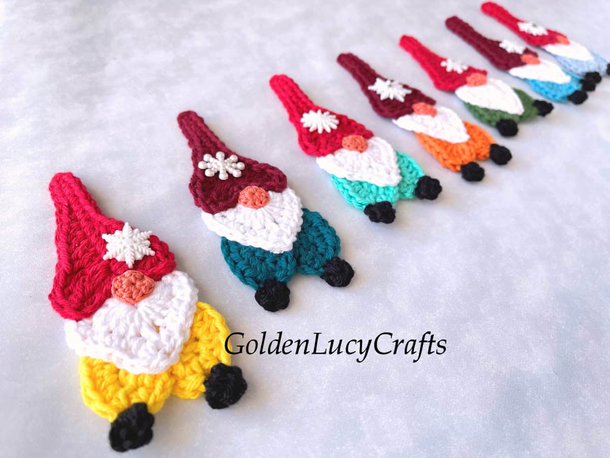 Crocheted gnome appliques.