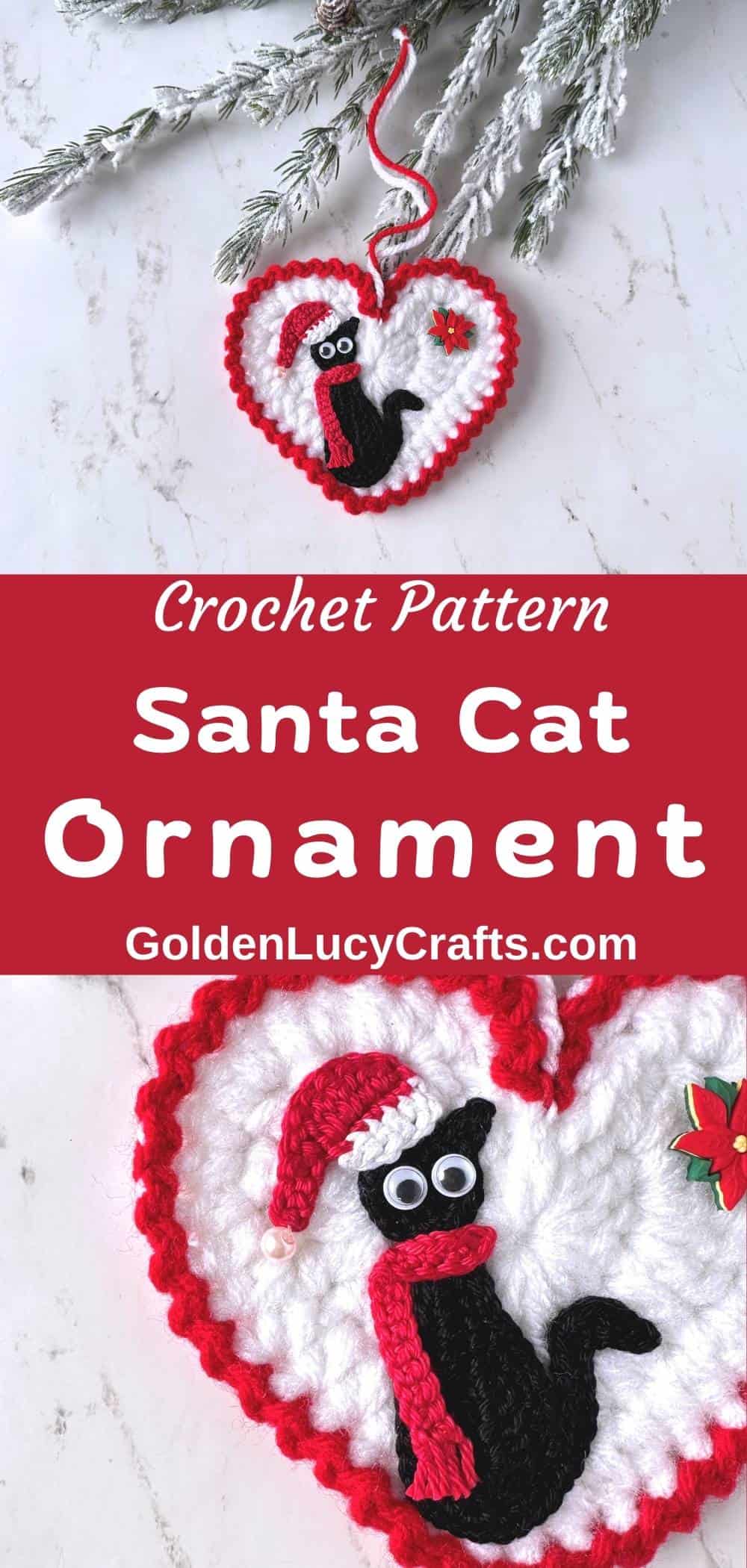 Crocheted heart-shaped ornament with black cat in Santa hat on it.