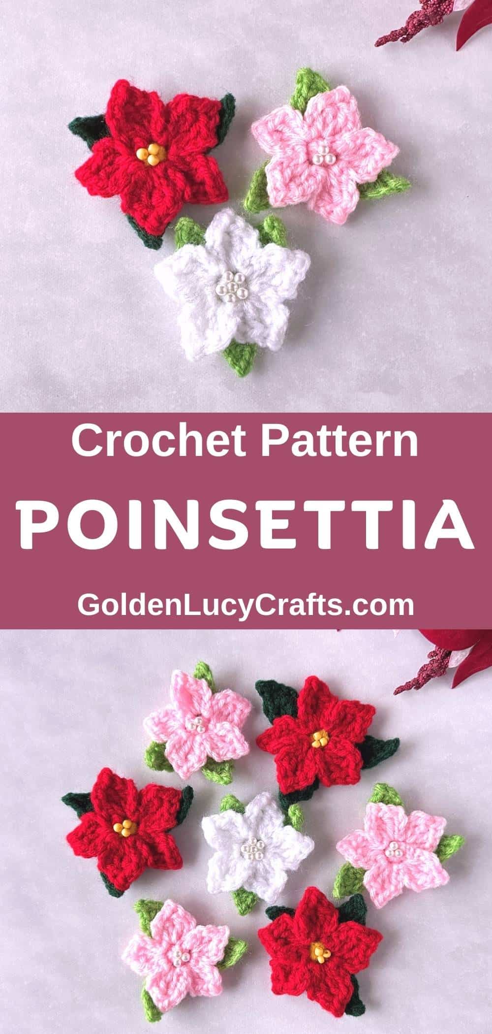 Crocheted poinsettia flowers in red, pink and white colors.