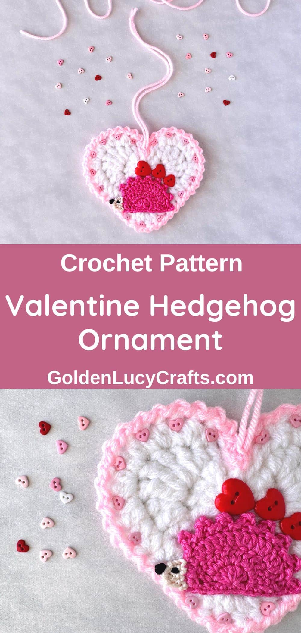 Crocheted heart-shaped ornament with pink hedgehog carrying three red hearts on its back.