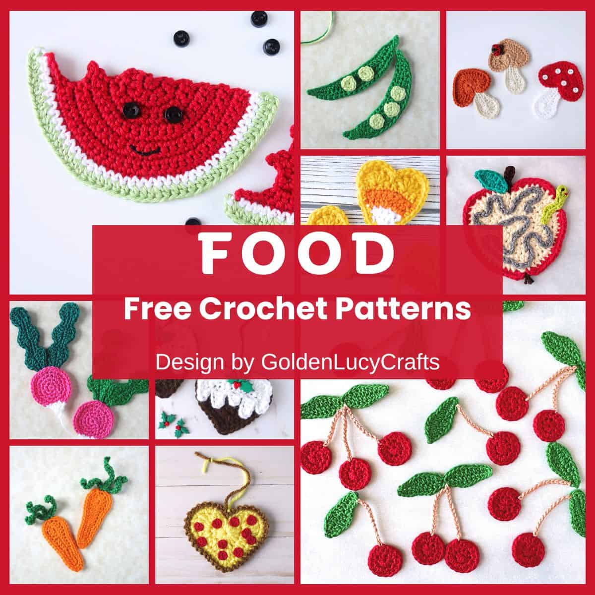 Photo collage of crocheted food items.