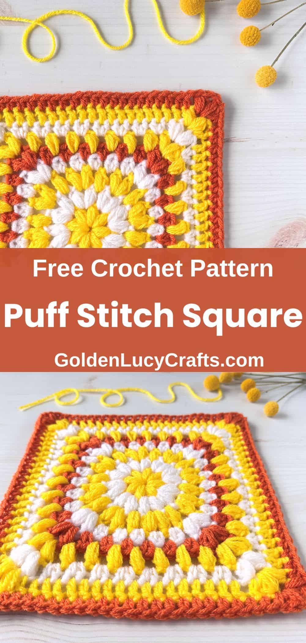 Crocheted square in yellow, white, and orange colors, close up pictures.