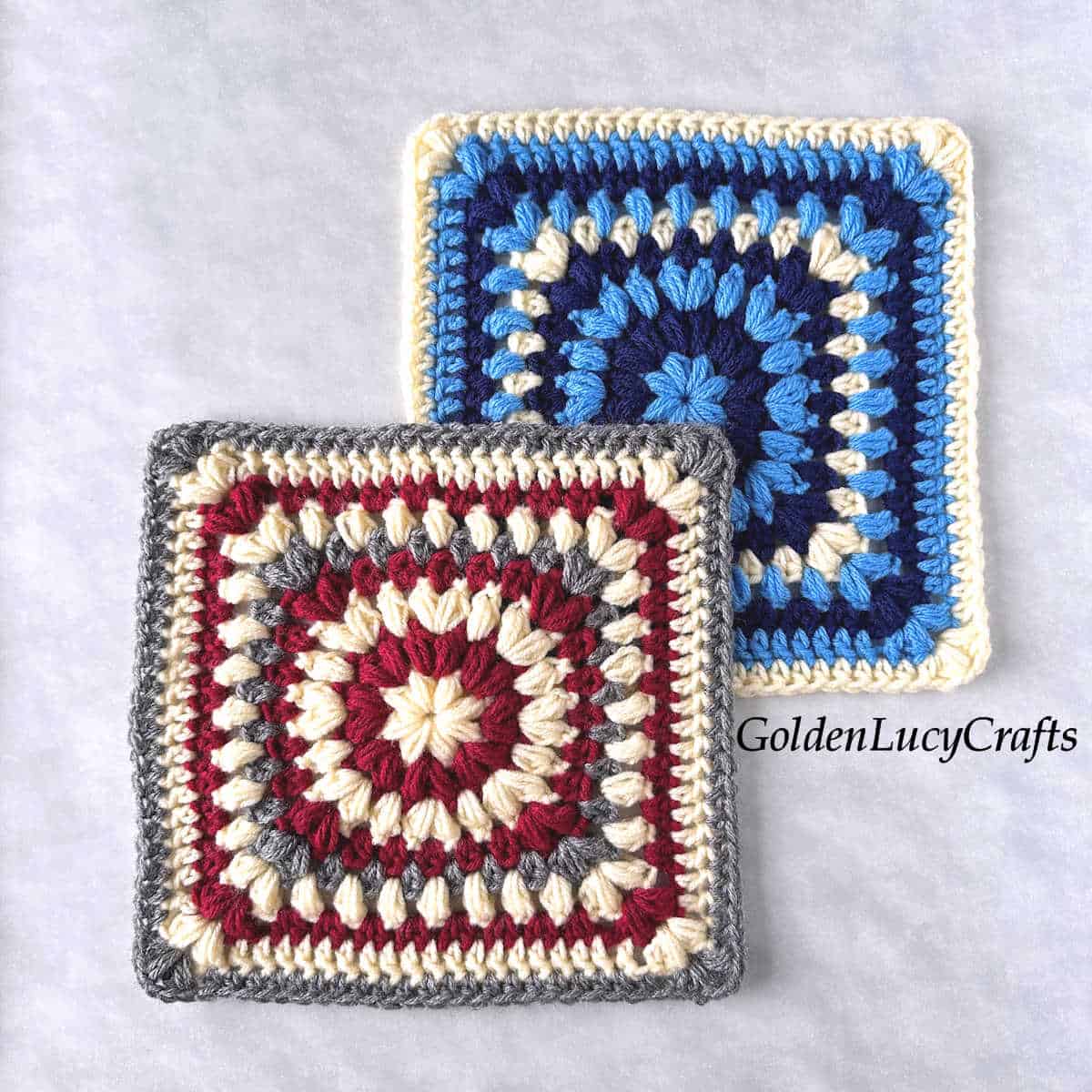 Two crocheted squares.