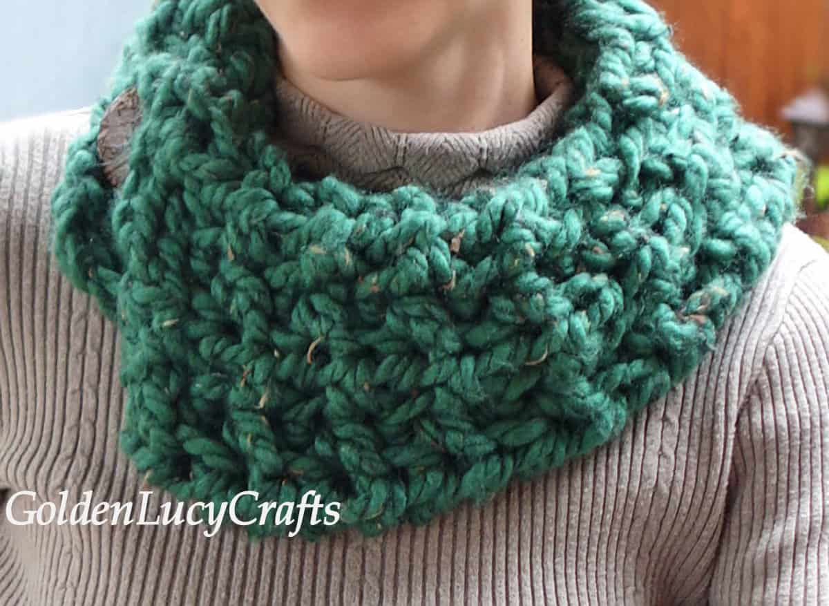 Crocheted cowl made with bulky yarn.
