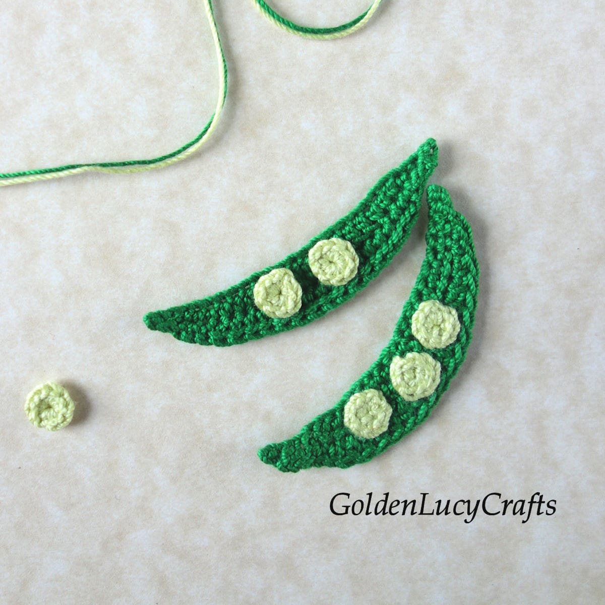 Crochet green pea pods applique.