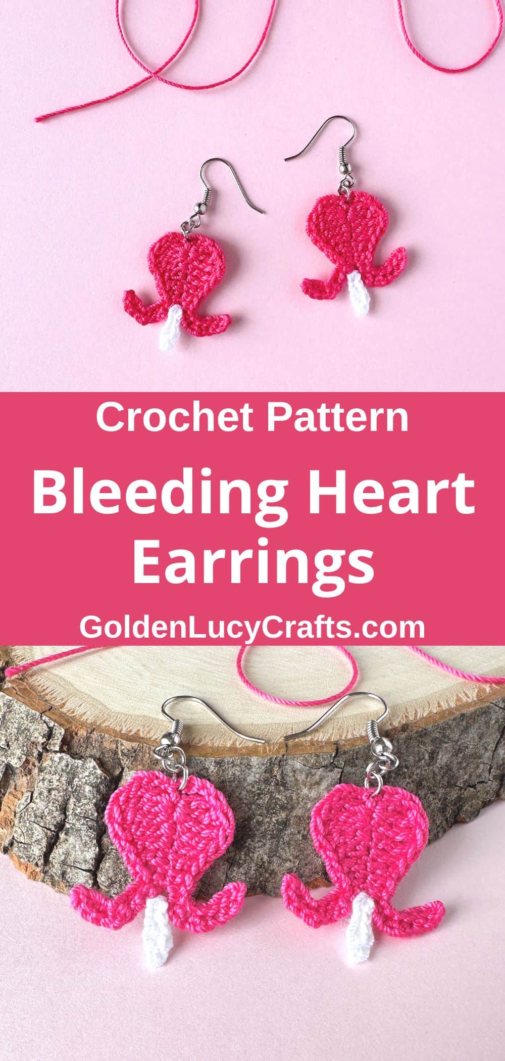 Crocheted earrings designed in the shape of bleeding heart flowers.