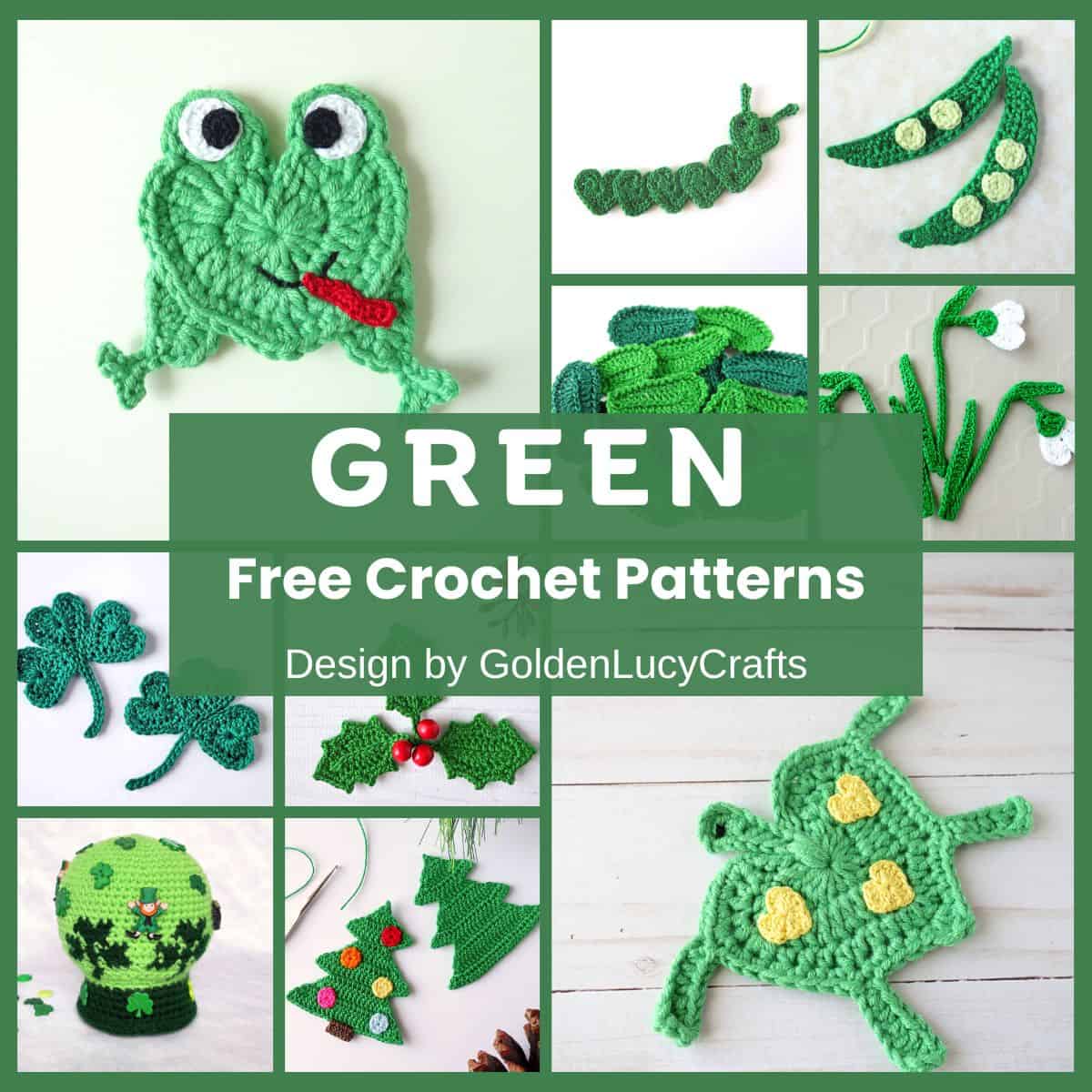 Photo collage of crocheted items in green color.