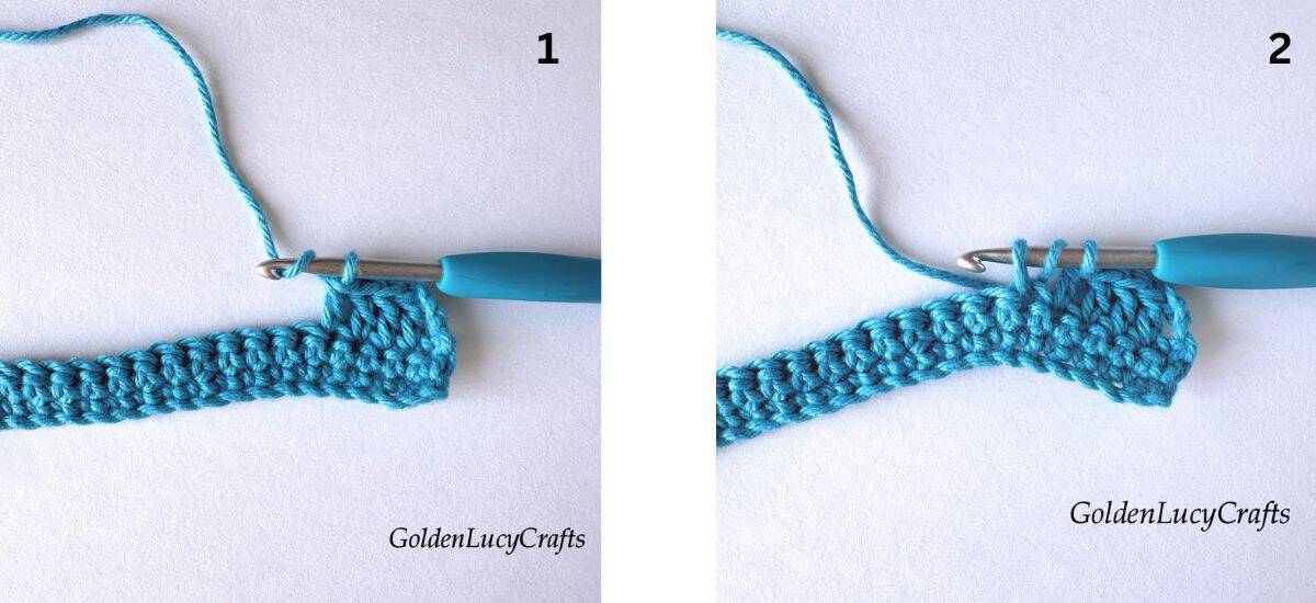 Crochet samples demonstrating Steps 1 and 2 of how to work double crochet two stitches together.