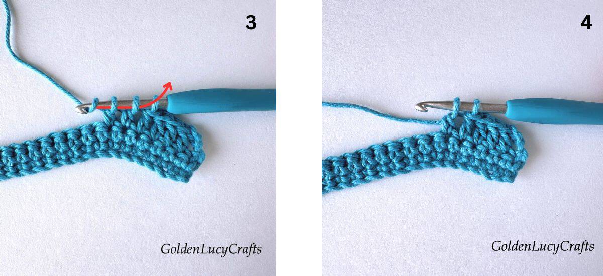Crochet samples demonstrating Steps 3 and 4 of how to work double crochet two stitches together.