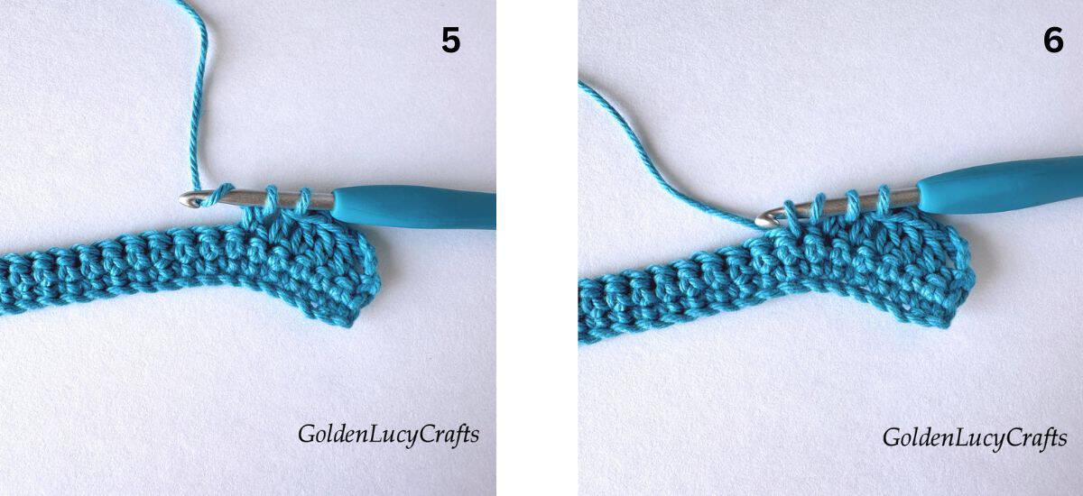 Crochet samples demonstrating Steps 5 and 6 of how to work double crochet two stitches together.