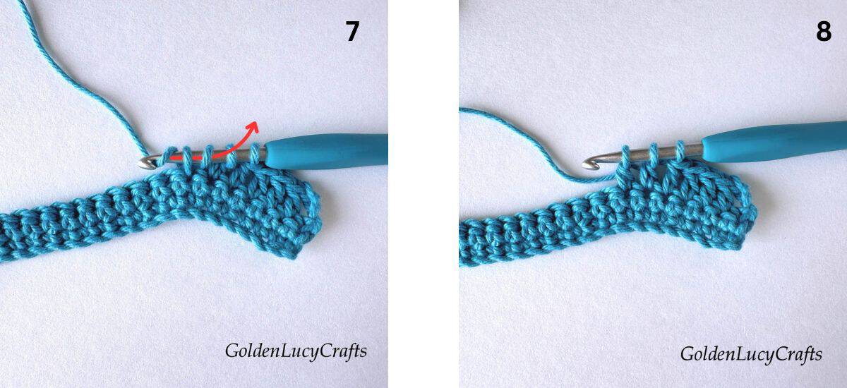 Crochet samples demonstrating Steps 7 and 8 of how to work double crochet decrease.
