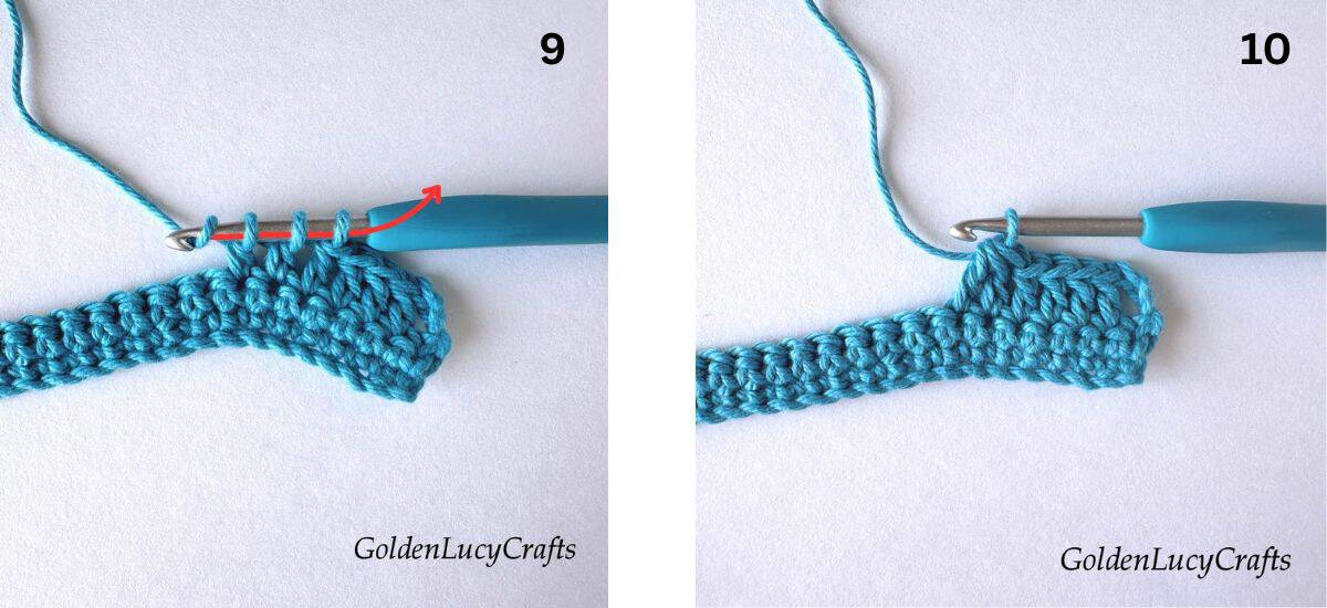 Crochet samples demonstrating Steps 9 and 10 of how to work double crochet two stitches together.