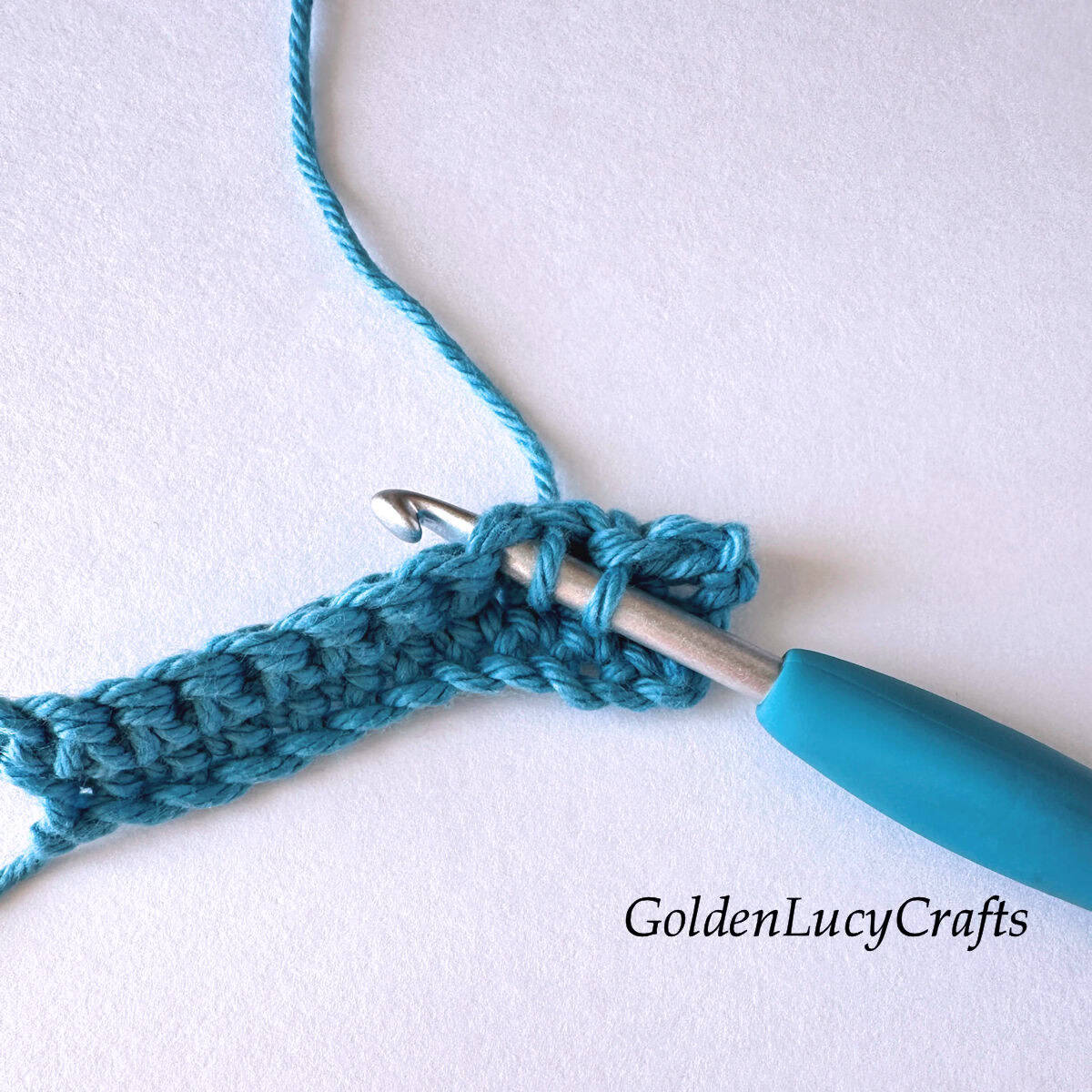 Crochet sample demonstrating Step 4 of how to work single crochet decrease.