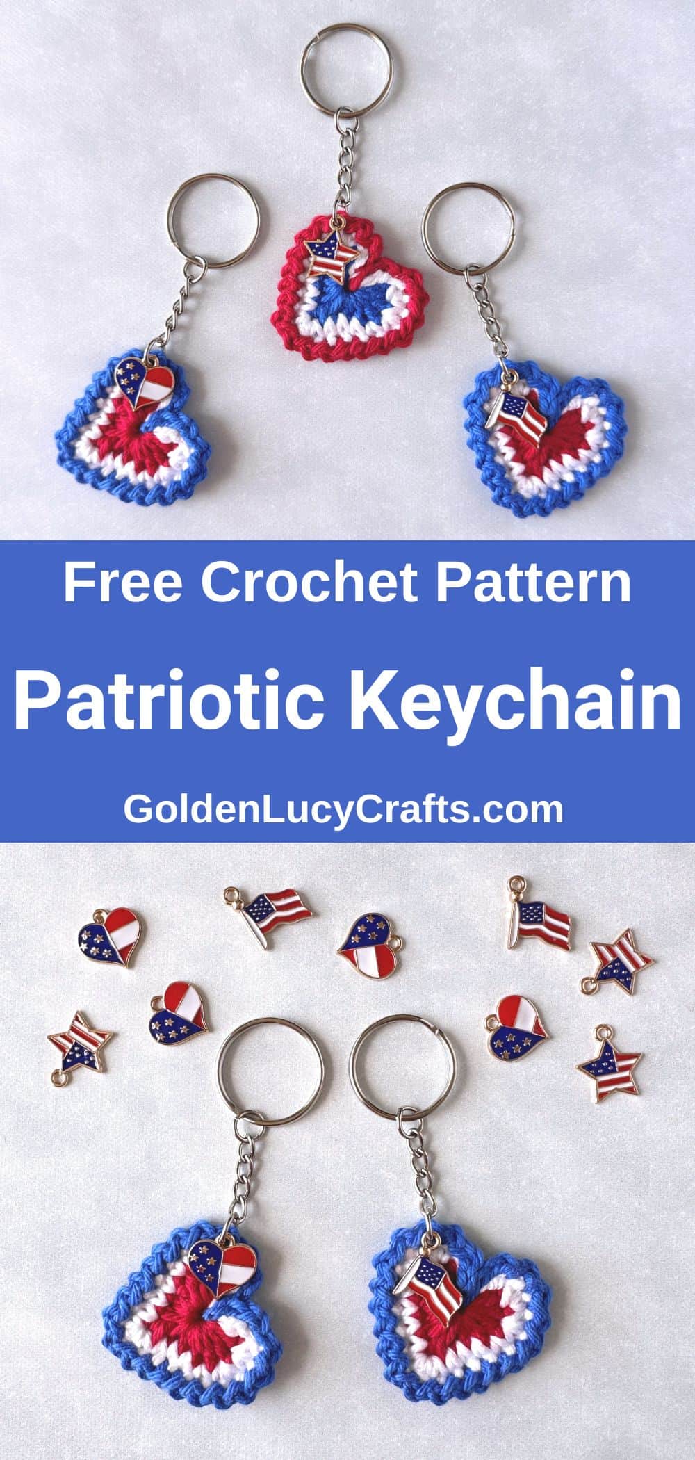 Crocheted patriotic heart-shaped keychains.