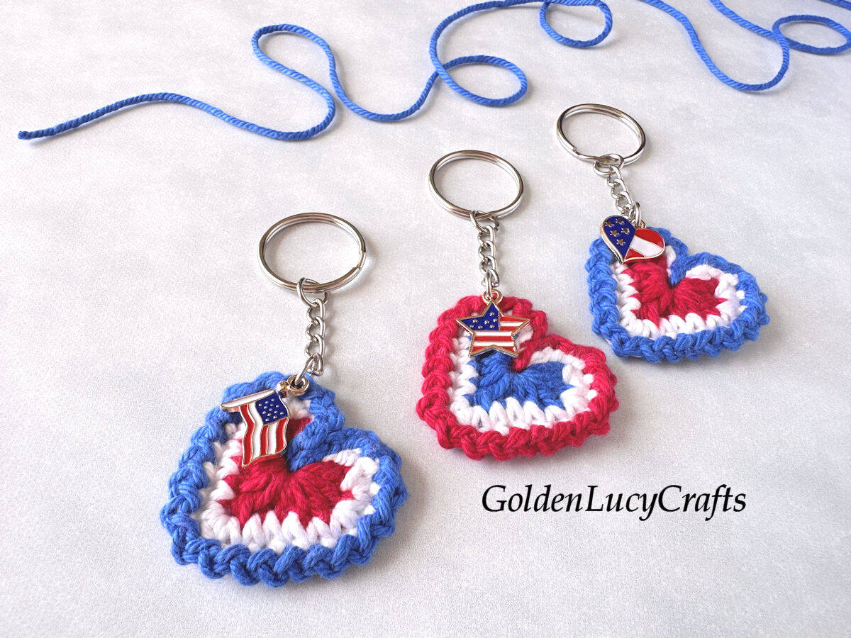 Three crocheted patriotic keychains, close-up picture.