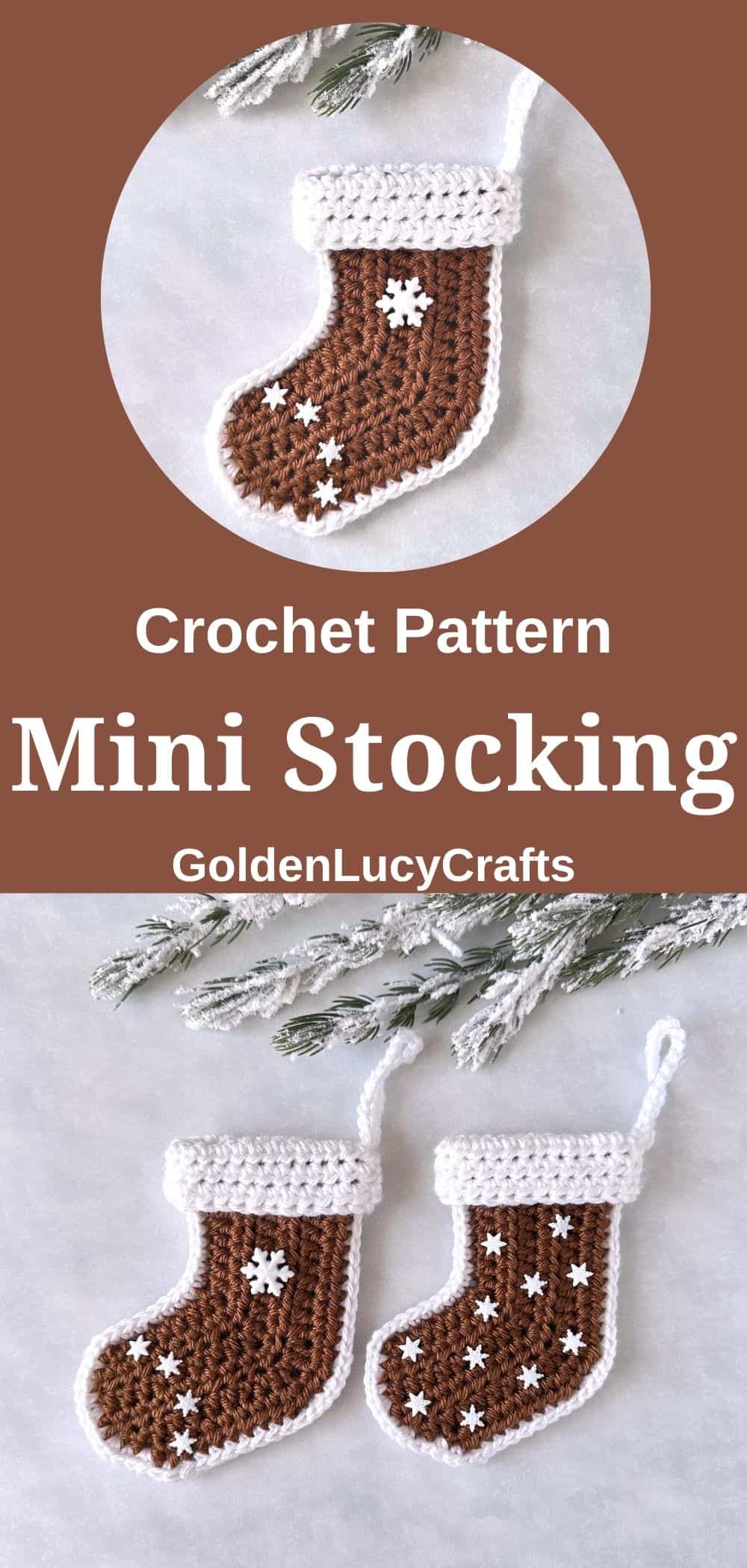Crocheted small Christmas stockings made in a gingerbread theme and embellished with small snowflake buttons.