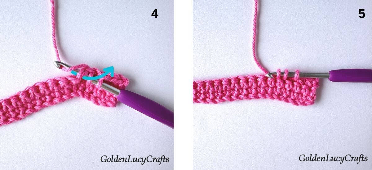 Crochet samples demonstrating steps 4 and 5 for making single crochet 3 stitches together.