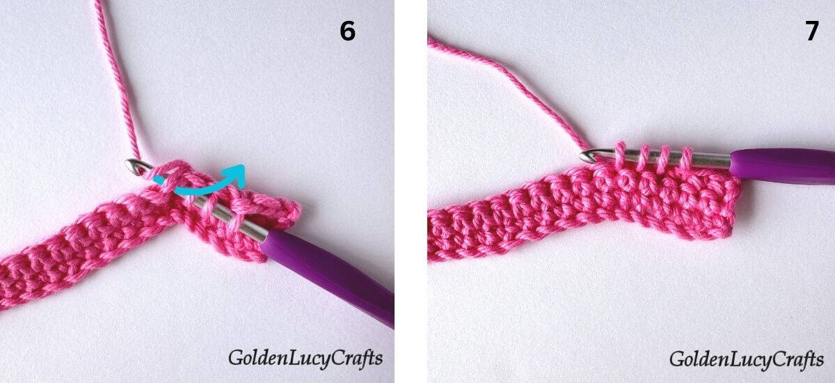 Crochet samples demonstrating steps 6 and 7 for making single crochet 3 stitches together.
