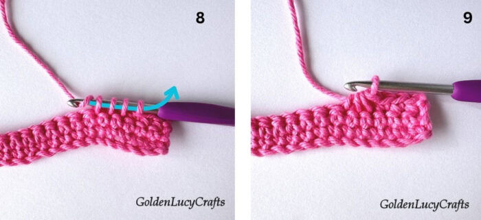 Crochet samples demonstrating steps 8 and 9 for making single crochet 3 stitches together.