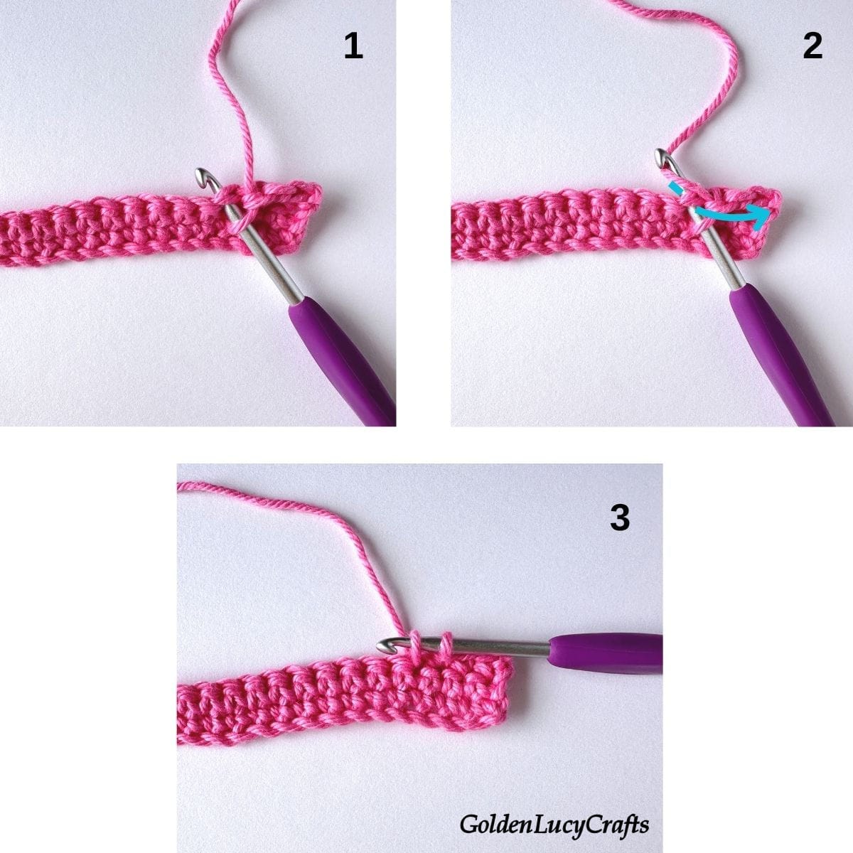 Crochet samples demonstrating steps 1, 2 and 3 for making single crochet 3 stitches together.