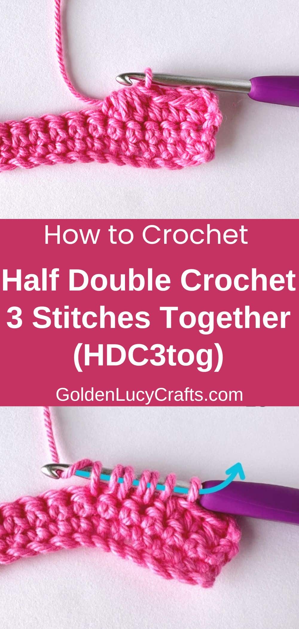 Crocheted samples demonstrated half double crochet 3 stitches together.