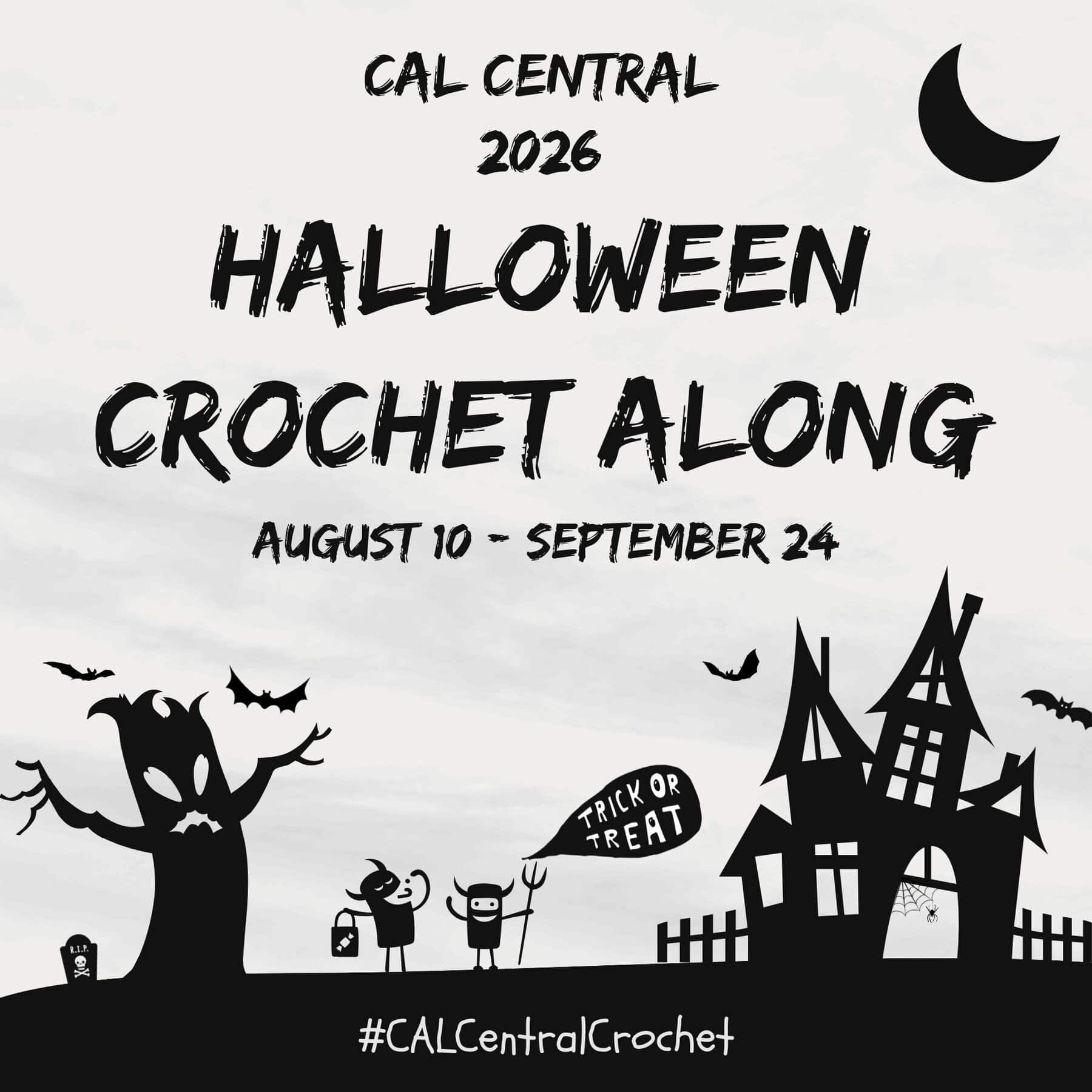 Halloween crochet event poster with haunted house and bats in black and white.