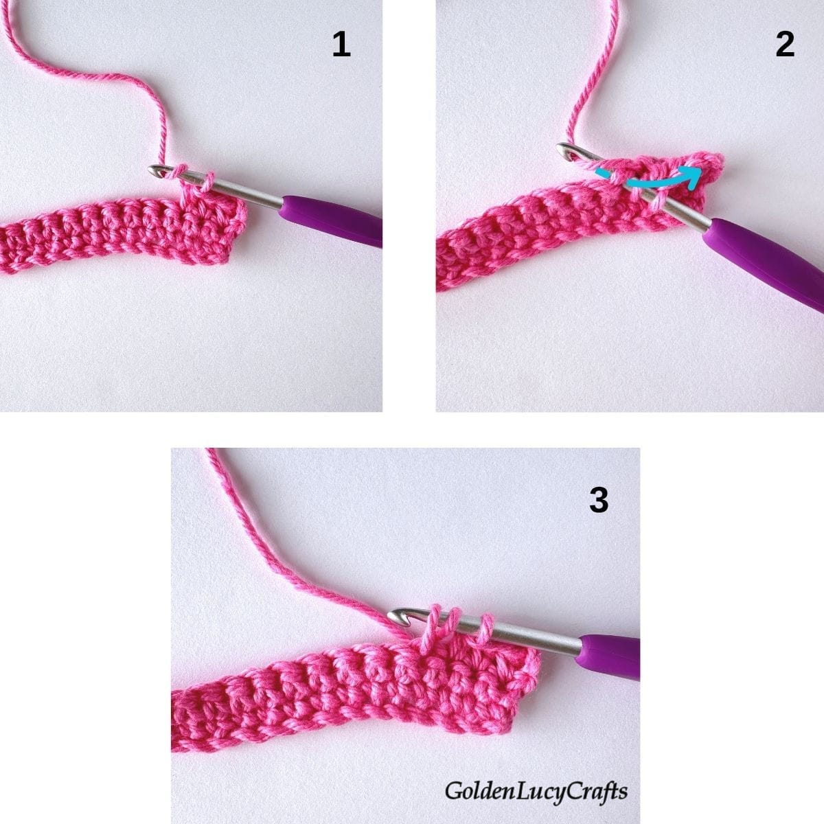 Crochet samples demonstrating steps 1, 2 and 3 for making half double crochet 3 stitches together.