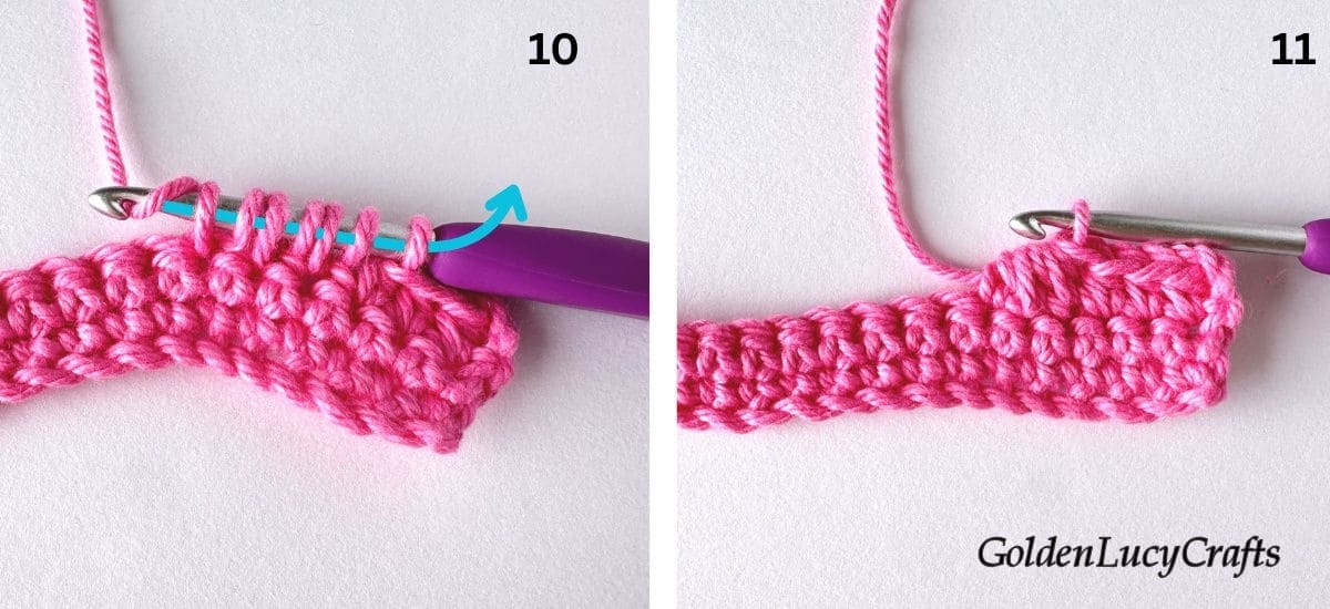 Crochet samples demonstrating steps 10 and 11 for making half double crochet 3 stitches together.