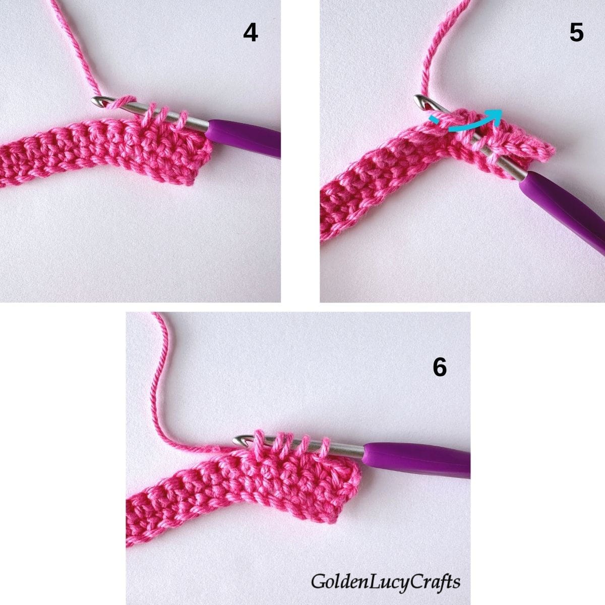 Crochet samples demonstrating steps 4, 5 and 6 for making half double crochet 3 stitches together.
