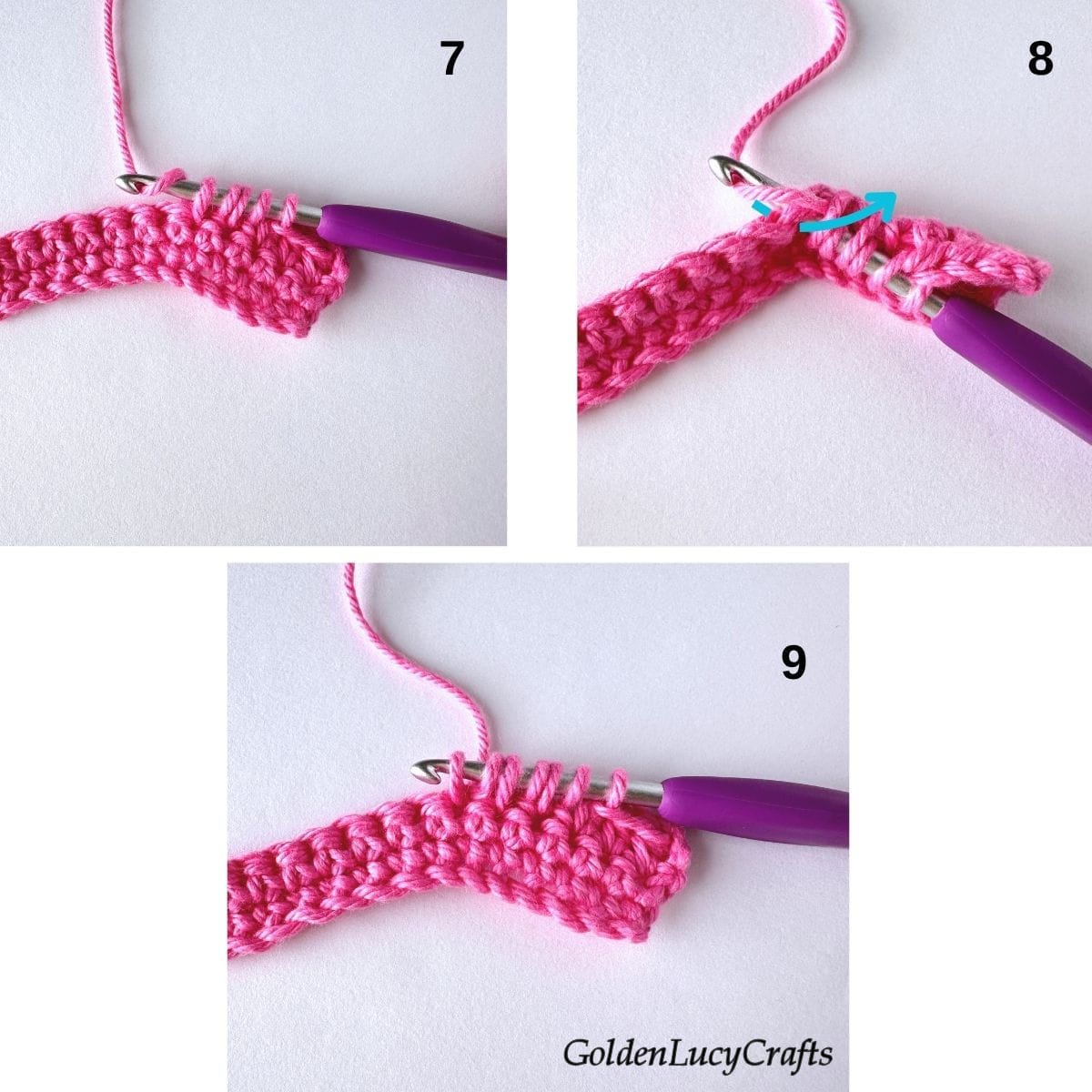 Crochet samples demonstrating steps 7, 8 and 9 for making half double crochet 3 stitches together.