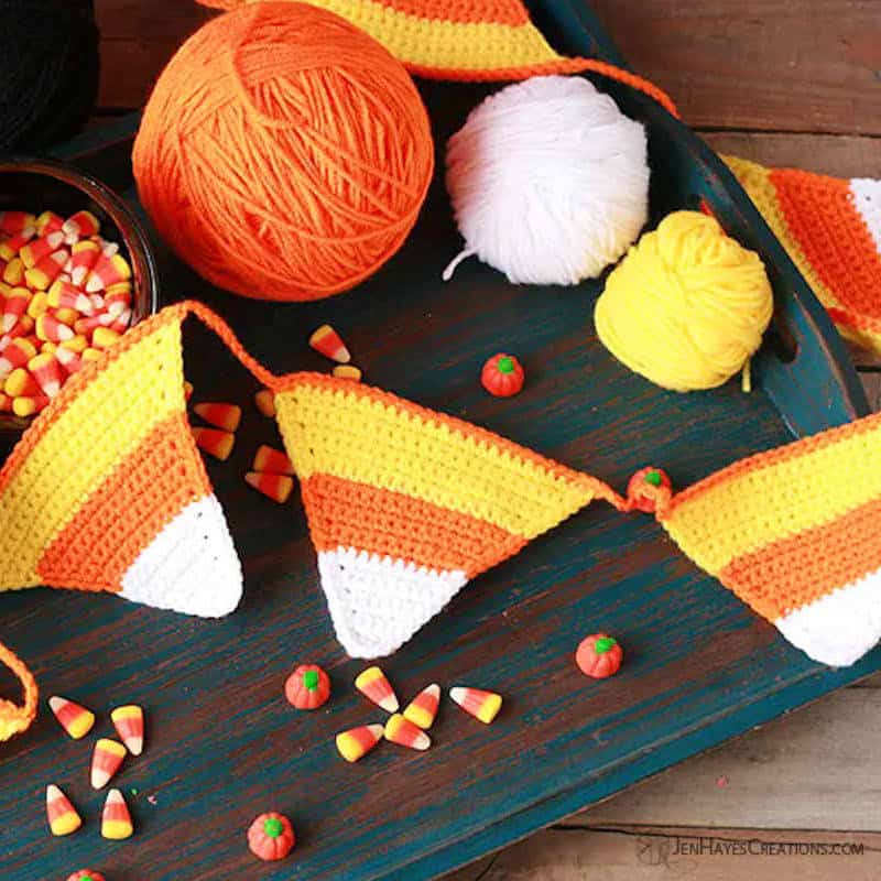 Crocheted candy corn bunting.