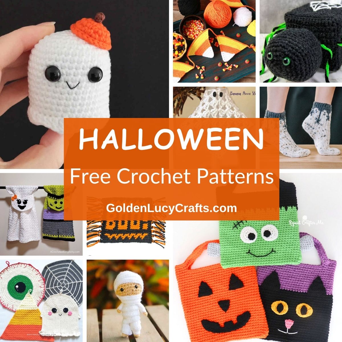Photo collage of Halloween themed crocheted items.