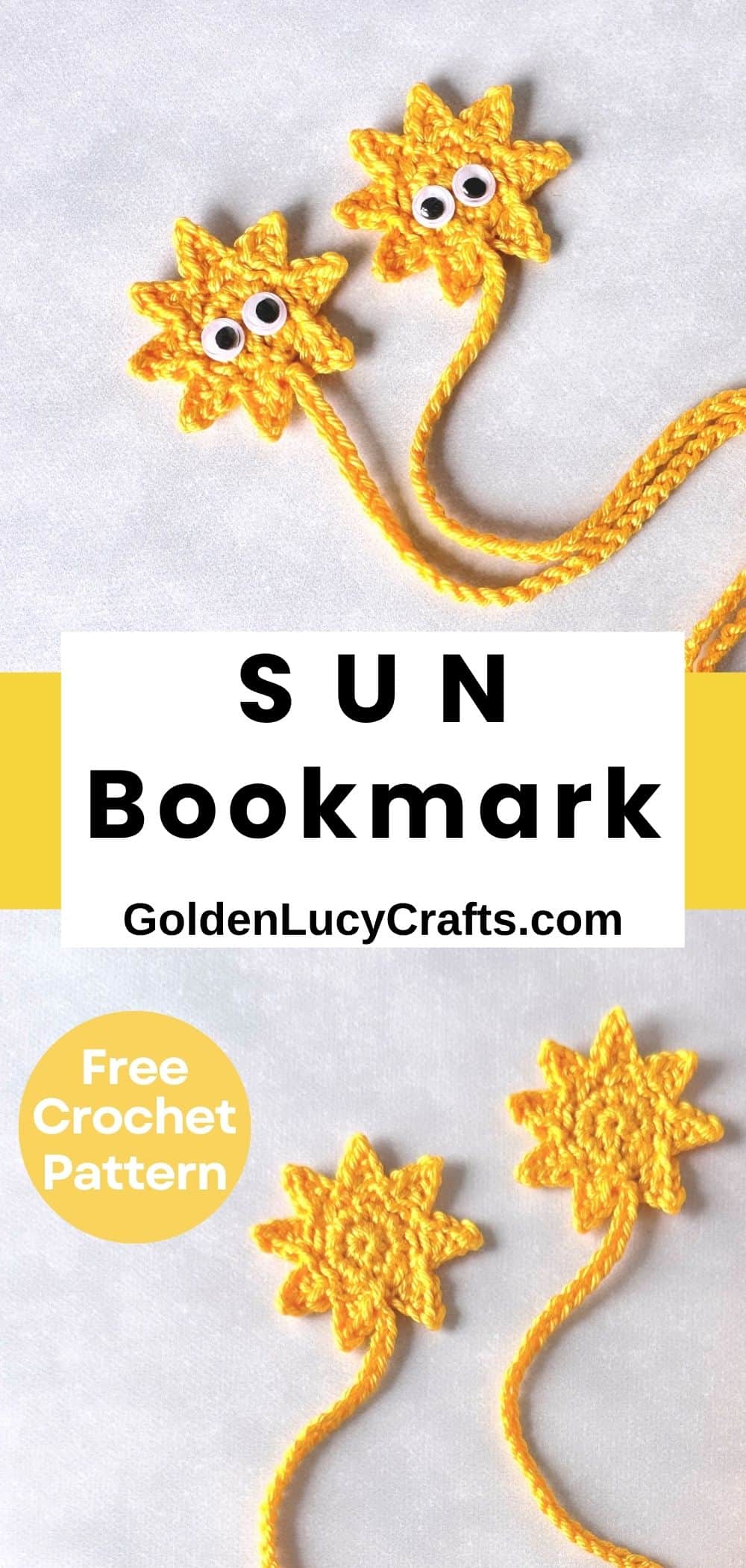 Crocheted bookmarks in the shape of yellow suns.