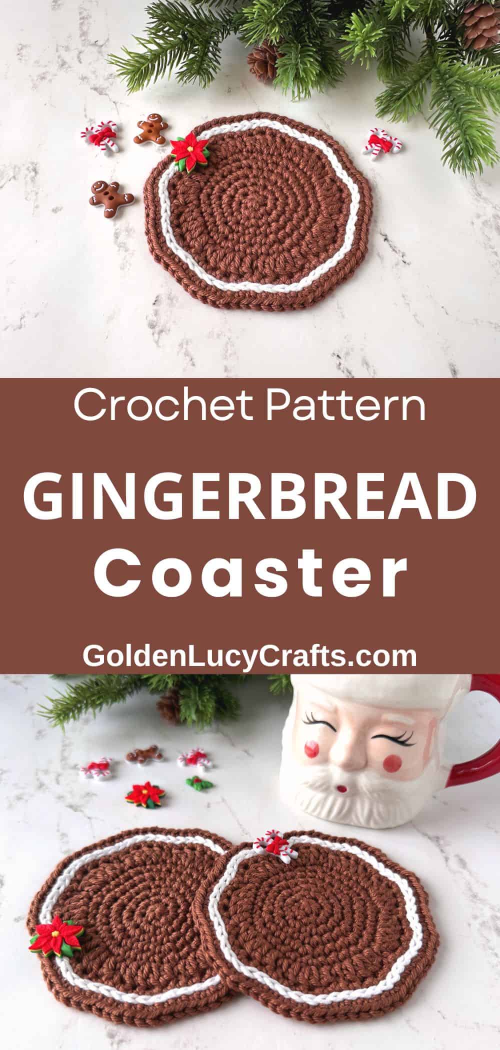 Crocheted gingerbread-themed coasters in brown and white, embellished with Christmas decorative buttons.