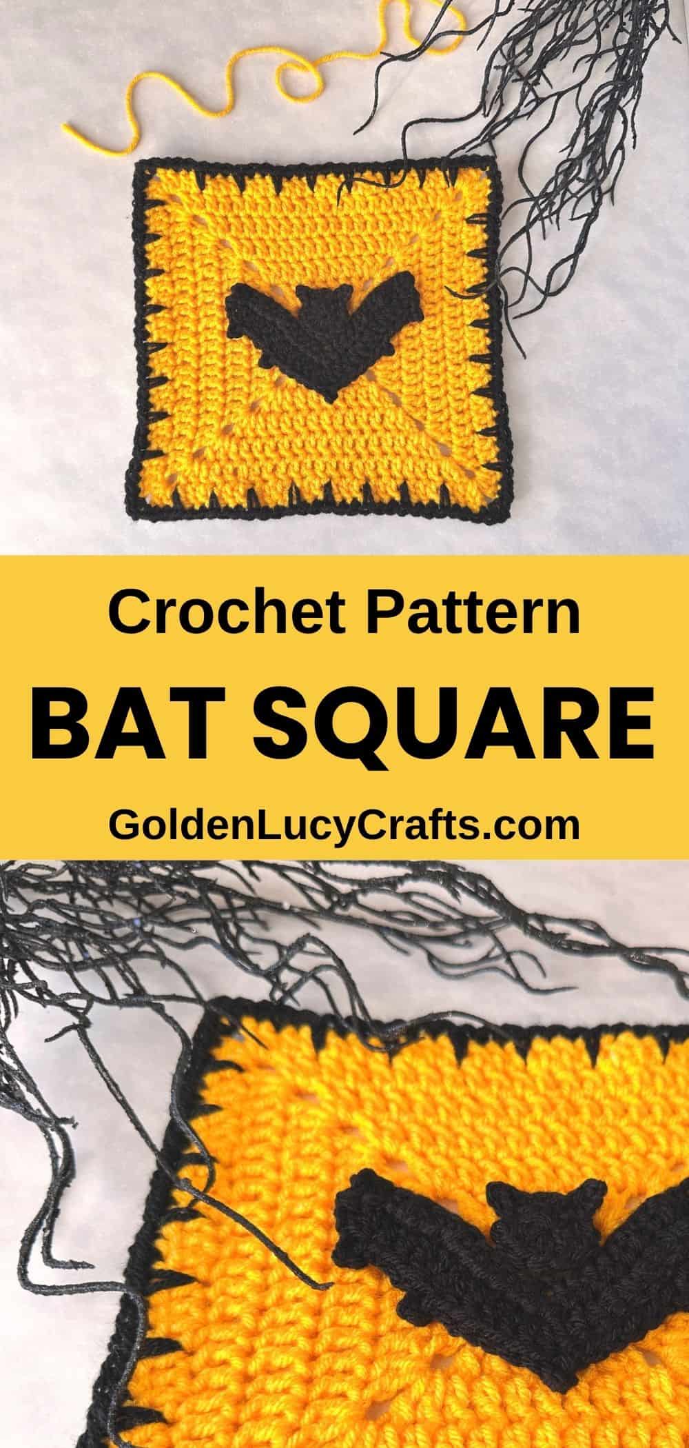 Crocheted yellow square block with a black edge and a black bat in the center.